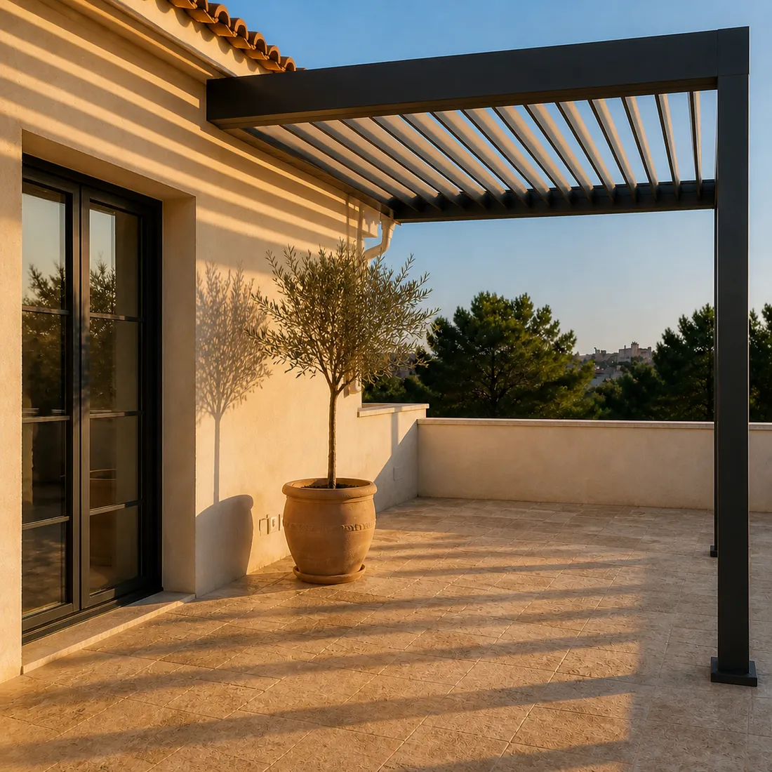 Terraza con pérgola bioclimática instalada