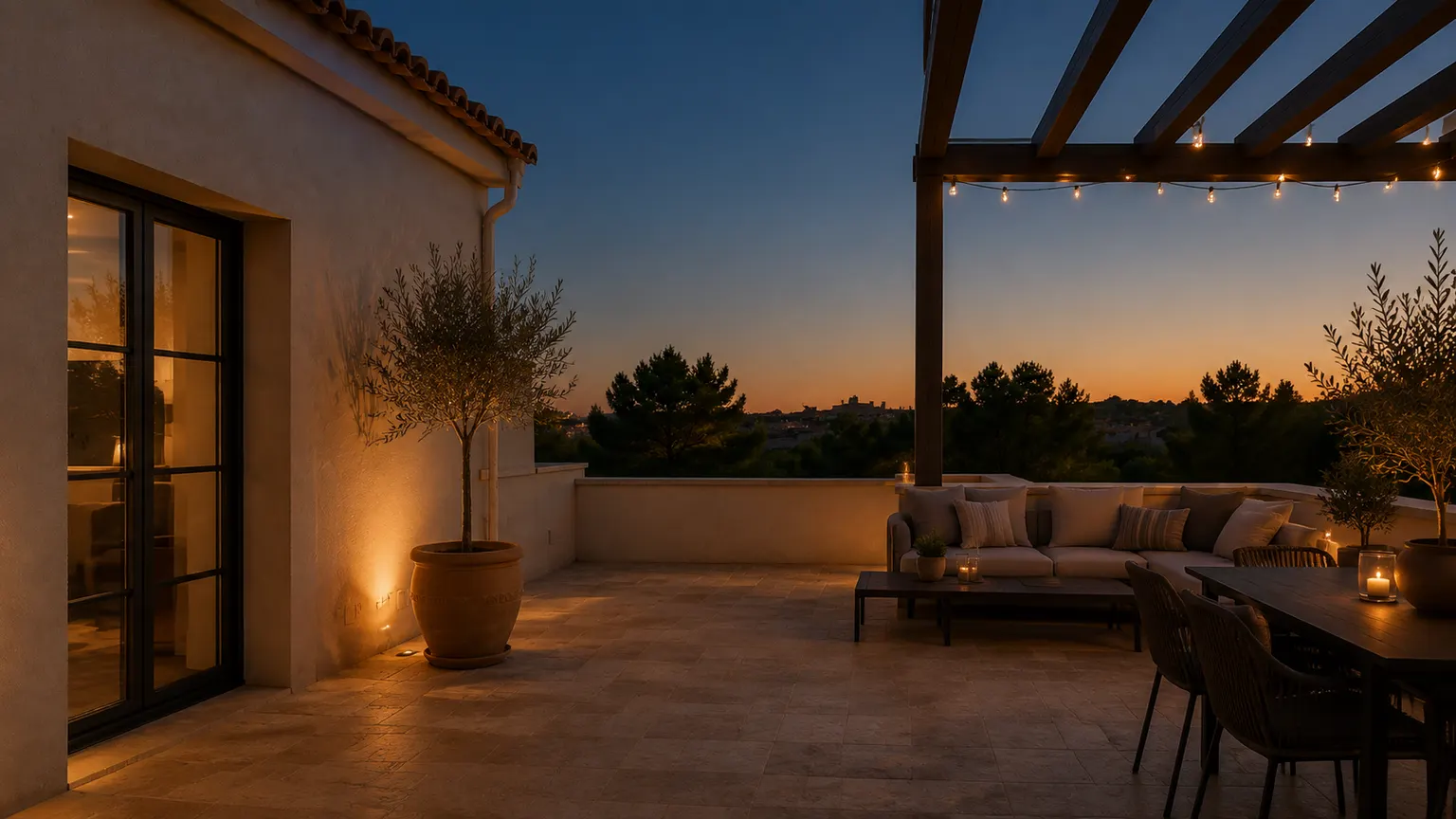 Terraza mediterránea al anochecer