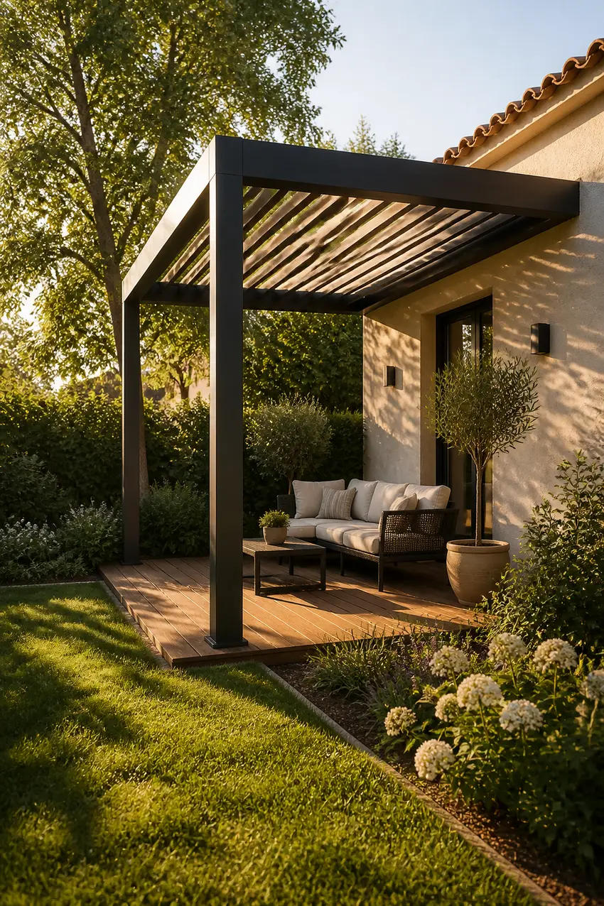 Pérgola bioclimática en jardín