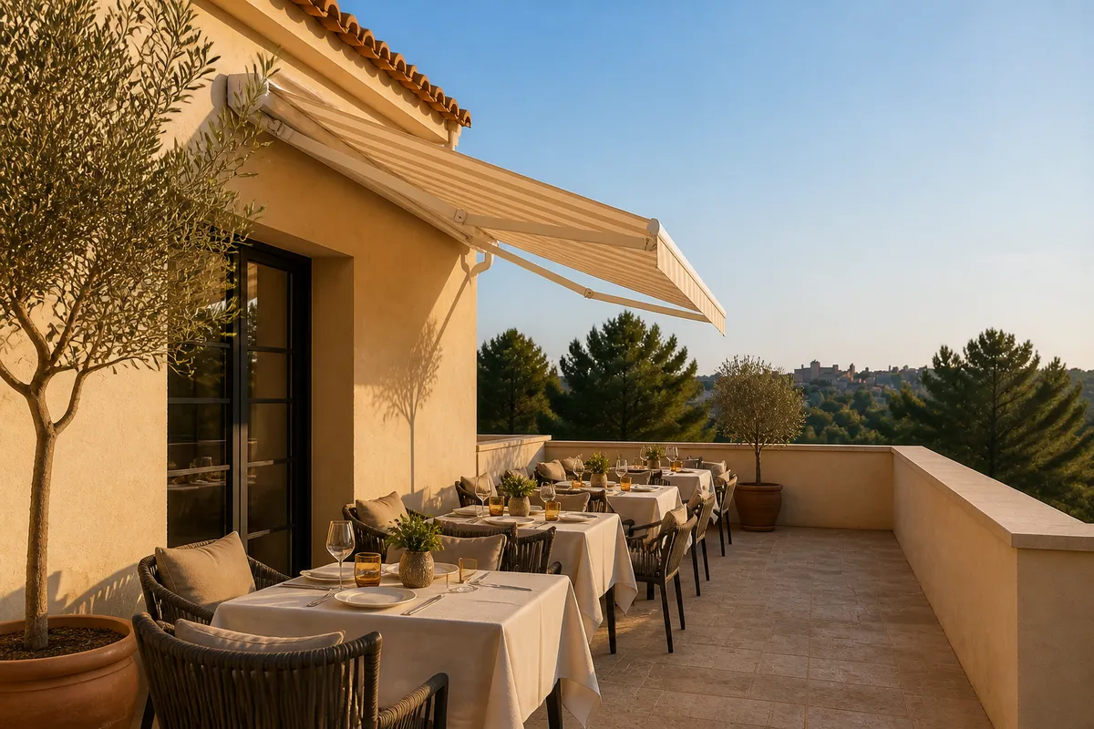 Terraza de hostelería con toldo y mesas exteriores