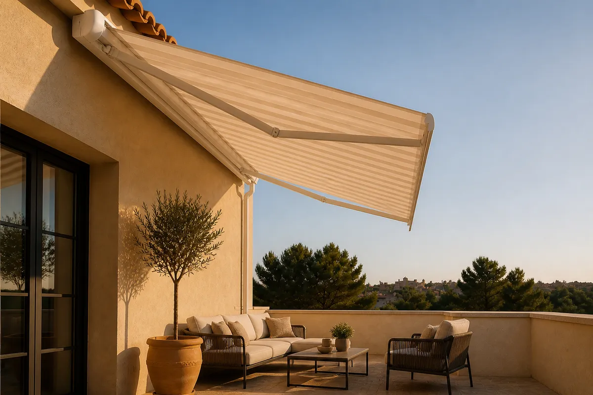 Toldo motorizado con cofre extendido sobre una terraza